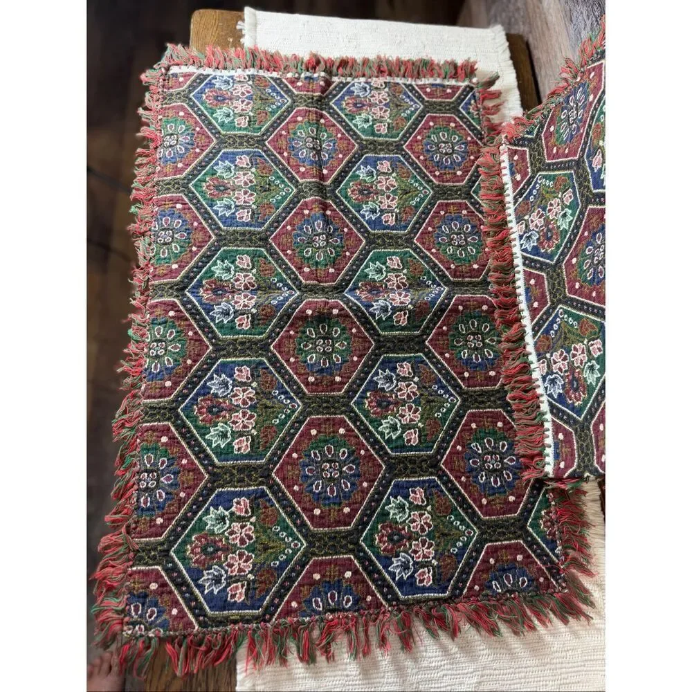 Vintage Tapestry Woven Fringed Placemats Cottagecore Boho Table Decor Set